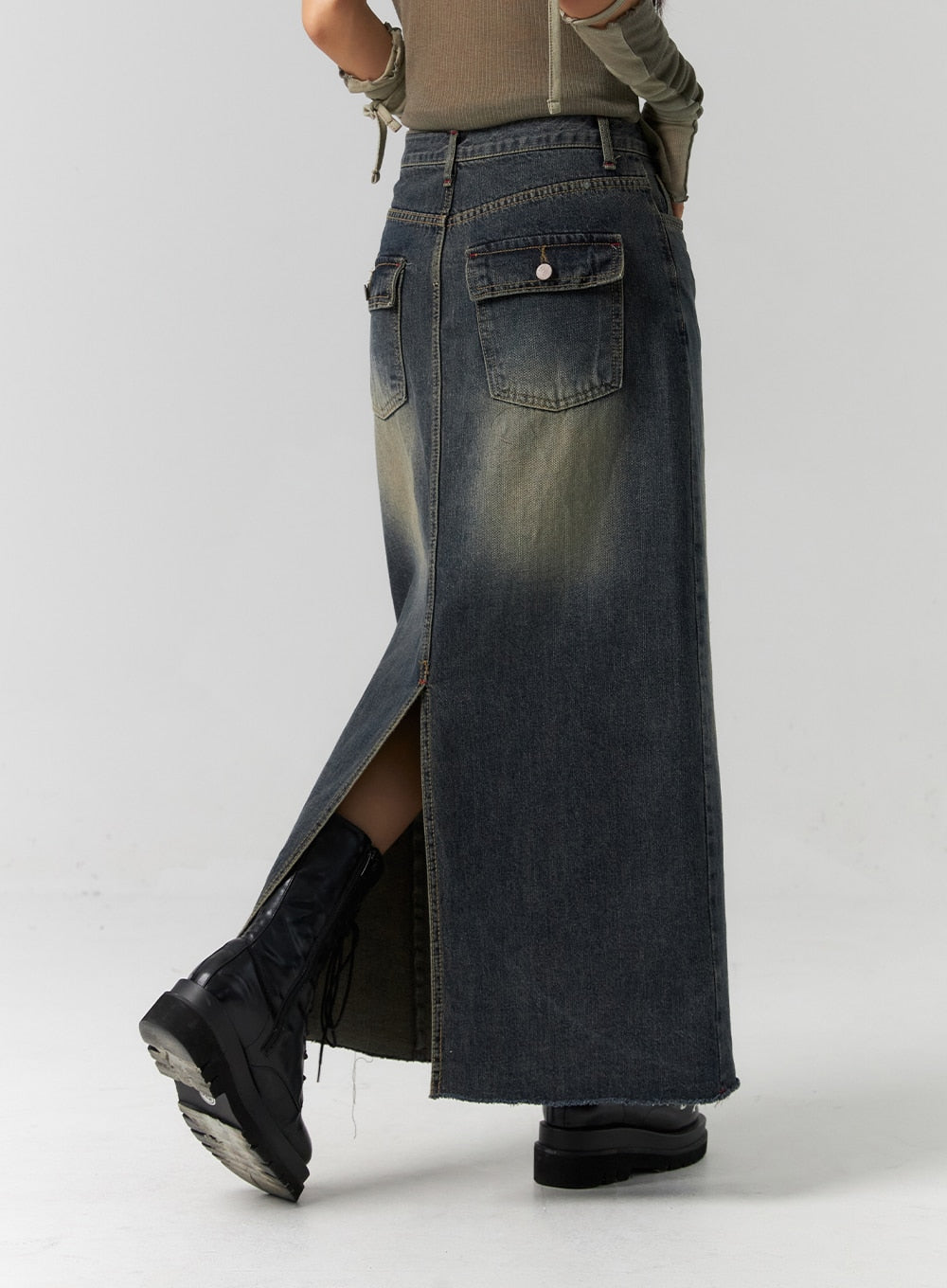 Washed Denim Maxi Skirt CS318