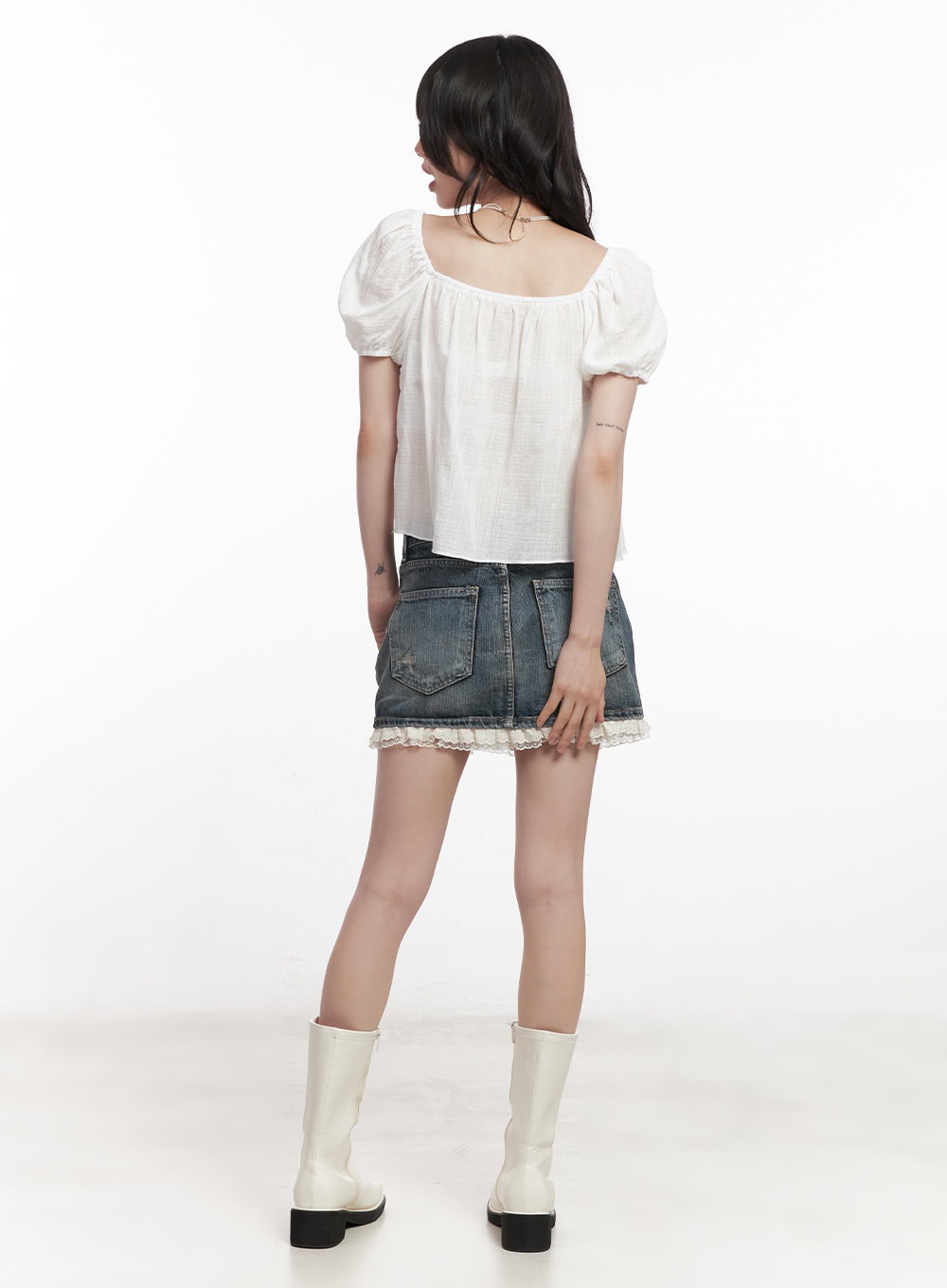 Lace-Trim Distressed Denim Mini Skirt CY521