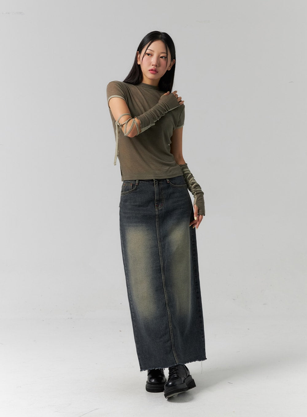 Washed Denim Maxi Skirt CS318